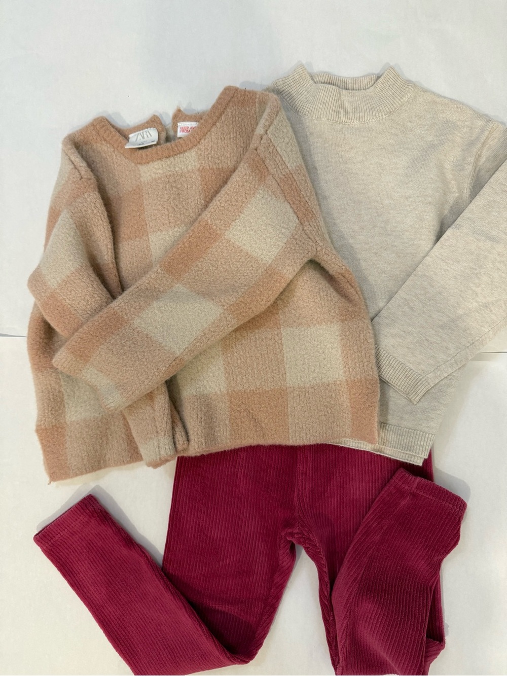 Zara Beige Plaid Knit Sweater, Beige Top, and Magenta Janie & Jack Knit Pants